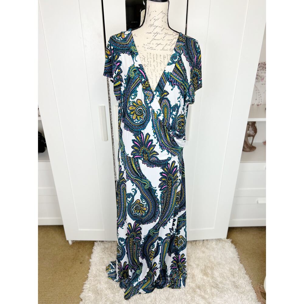 Ashley Stewart Multicolor Paisley Print Short Sleeve Wrap‎ Maxi Dress Size 14/16